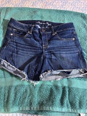 American Eagle Outfitters Dark Blue Frayed Hem Denim Shorts